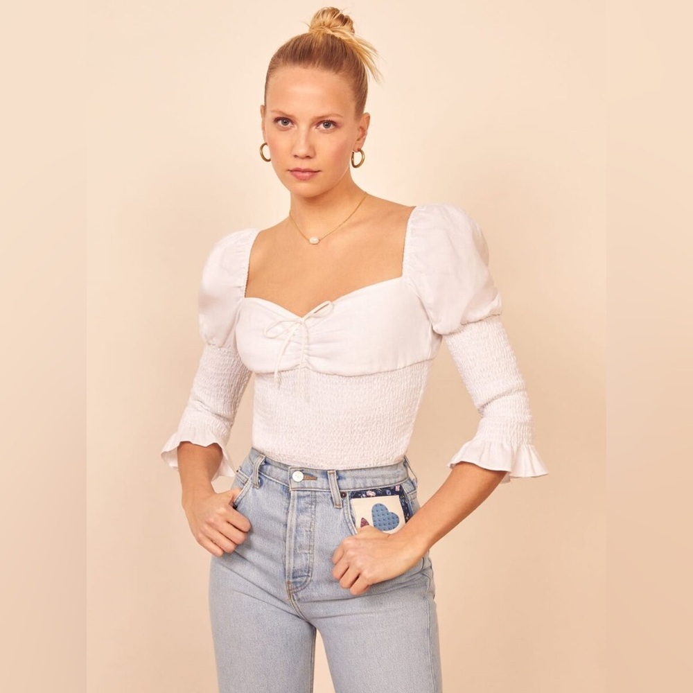 Reformation White Square Neck Linen Haven Top Size Small